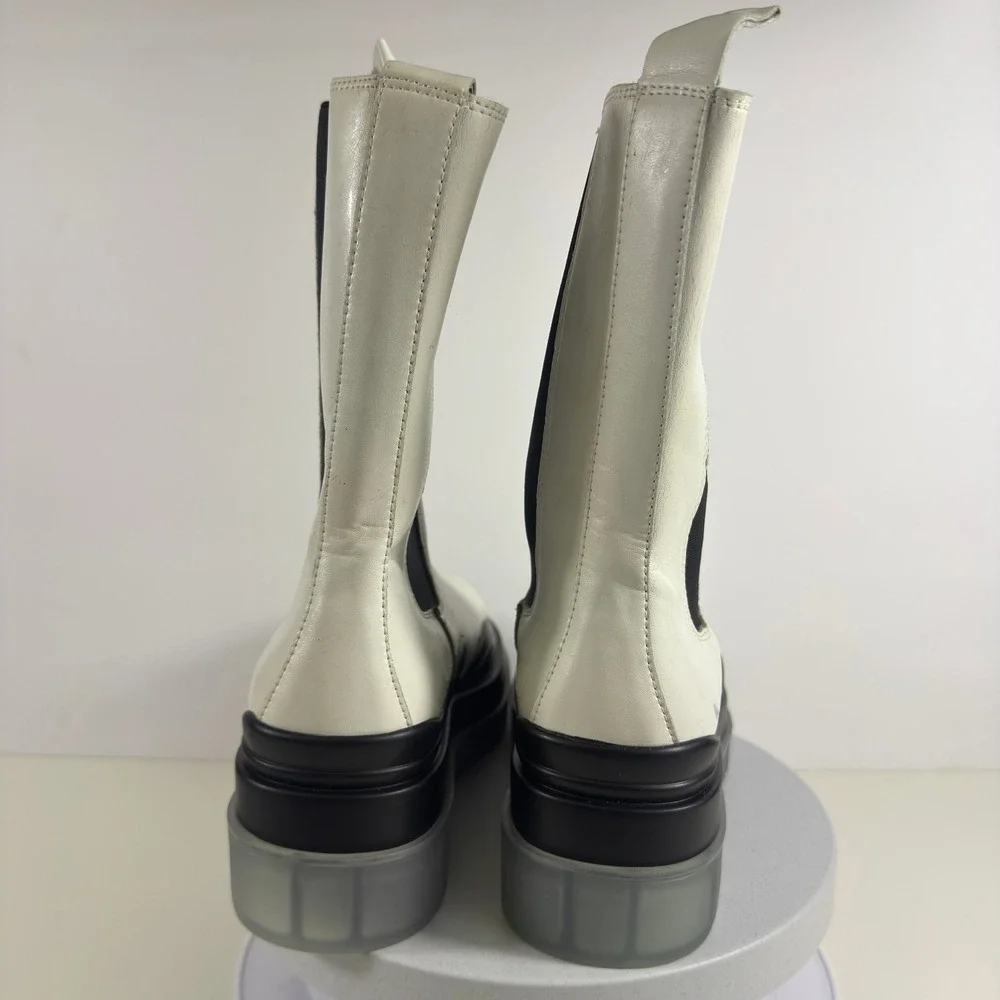 White Leather Platform Chelsea Boots Chunky Lug Sole Mid‎ Calf Womens Size 7
